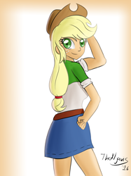 Size: 1280x1707 | Tagged: safe, artist:thealjavis, applejack, equestria girls, clothes, cowboy hat, denim skirt, freckles, hat, looking at you, pose, signature, skirt, solo, stetson