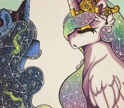 Size: 1280x1114 | Tagged: safe, artist:nightmare-moons-throneroom, princess celestia, princess luna, alicorn, pony, constellation, duo, ear fluff, ear piercing, earring, ethereal mane, eyes closed, eyeshadow, female, hair over one eye, horn jewelry, jewelry, makeup, mare, missing accessory, piercing, sidemouth, simple background, starry mane, tiara, white background