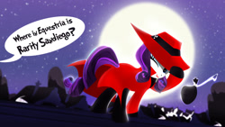 Size: 1600x900 | Tagged: safe, artist:dan232323, rarity, pony, unicorn, carmen sandiego, clothes, female, hat, looking back, mare, moon, one eye closed, smiling, solo, wink