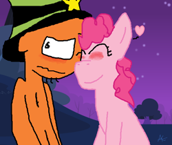 Size: 584x490 | Tagged: safe, artist:sansisk, pinkie pie, earth pony, pony, awkward, blushing, bonding, couple, crossover, crossover shipping, crush, date, eyes closed, heart, heartwarming, in love, interspecies, male, nervous, night, nuzzling, one eye closed, pinker, romantic, shipping, smiling on the inside, straight, together forever, true love, uncomfortable, unsure, wander (wander over yonder), wander over yonder, wavy mouth