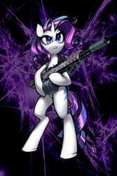 Size: 640x960 | Tagged: safe, artist:quent0s, artist:vombavr, rarity, pony, unicorn, abstract background, badass rarity, bipedal, eotech, female, gun, hoof hold, magpul, mare, open mouth, solo, weapon