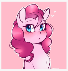 Size: 1024x1065 | Tagged: safe, artist:shellydreams, pinkie pie, earth pony, pony, blushing, bust, chest fluff, cute, diapinkes, female, heart, mare, pink background, portrait, simple background, solo