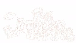 Size: 1600x900 | Tagged: safe, artist:symbianl, derpibooru import, apple bloom, applejack, fluttershy, pinkie pie, rainbow dash, rarity, scootaloo, sweetie belle, twilight sparkle, earth pony, pegasus, pony, unicorn, applejack's hat, cowboy hat, cutie mark crusaders, hat, mane six, monochrome, simple background, sketch, white background