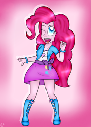 Size: 2221x3078 | Tagged: safe, artist:cosmiickatie, pinkie pie, equestria girls, boots, bracelet, breasts, clothes, cute, female, high heel boots, high heels, jewelry, one eye closed, open mouth, skirt, smiling, solo, wink