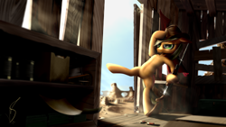 Size: 8889x5000 | Tagged: safe, artist:wireless08, applejack, earth pony, pony, absurd resolution, barn, gun, hat, kick, rifle, solo, standing, weapon