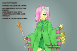 Size: 900x601 | Tagged: safe, artist:leek-cn, fluttershy, human, clothes, flower, flower in hair, hair over one eye, hermit, humanized, lantern, solo, staff