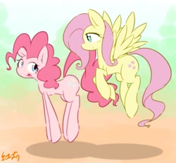 Size: 2493x2315 | Tagged: safe, artist:akainu_pony, fluttershy, pinkie pie, earth pony, pegasus, pony, flying, pronking