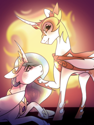 Size: 600x800 | Tagged: safe, artist:azaleagreypone, daybreaker, princess celestia, alicorn, pony, female, looking at each other, mare, scratching, smiling, smirk