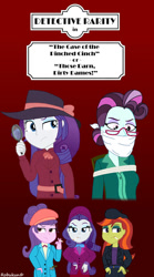 Size: 666x1200 | Tagged: safe, artist:robukun, principal abacus cinch, rarity, stormy flare, suri polomare, equestria girls, cigarette, cloth gag, detective rarity, gag, tied up