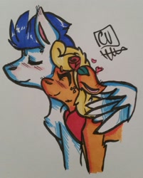 Size: 1923x2391 | Tagged: safe, artist:thatyellowcow, applejack, soarin', earth pony, pony, bandana, blushing, eyes closed, female, flower, flower in hair, hug, male, rose, shipping, soarinjack, straight, traditional art, winghug