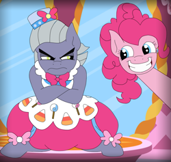 Size: 1191x1128 | Tagged: safe, artist:faitheverlasting, limestone pie, pinkie pie, earth pony, pony, carousel boutique, clothes, crossed hooves, dress, gala dress, glare, grin, makeover, smiling