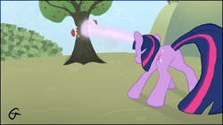 Size: 1920x1080 | Tagged: safe, artist:captainbritish, derpibooru import, twilight sparkle, apple, magic, solo, tree