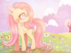 Size: 1200x900 | Tagged: safe, artist:markoikoi, fluttershy, pegasus, pony, flower field, folded wings, head turn, looking away, pastel colors, profile, solo