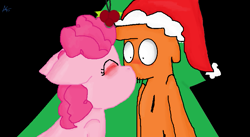 Size: 903x495 | Tagged: safe, artist:sansisk, pinkie pie, earth pony, pony, blushing, blushing profusely, bonding, christmas, crossover, crossover shipping, embarrassed, eyes closed, female, hat, heartwarming, kissing, love, male, missing accessory, missing hat, mistletoe, pinker, romantic, santa hat, shipping, straight, surprise kiss, together forever, wander (wander over yonder), wander over yonder, wide eyes