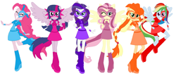 Size: 1435x621 | Tagged: safe, artist:selenaede, artist:sunset-sunrize, derpibooru import, applejack, fluttershy, pinkie pie, rainbow dash, rarity, twilight sparkle, twilight sparkle (alicorn), alicorn, human, equestria girls, base used, boots, clothes, cowboy hat, element of generosity, element of honesty, element of kindness, element of laughter, element of loyalty, element of magic, elements of harmony, hat, high heel boots, high heels, humane five, humane six, mask, masks, pegasus wings, ponied up, shoes, super ponied up, superhero, wings