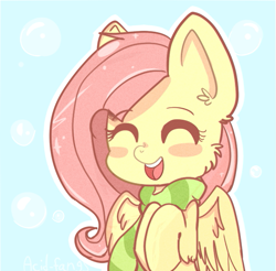 Size: 613x604 | Tagged: safe, artist:acid-fangs, fluttershy, pegasus, pony, blush sticker, blushing, bust, clothes, cute, eyes closed, happy, portrait, scarf, shyabetes, smiling, solo