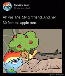 Size: 1751x2048 | Tagged: safe, artist:aanotherpony, derpibooru import, applejack, bloomberg, rainbow dash, earth pony, pegasus, pony, ah yes me my girlfriend and her x, appledash, bed, female, lesbian, shipping, tree