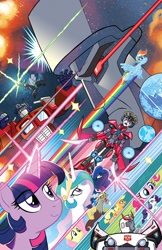 Size: 792x1224 | Tagged: safe, artist:tonyfleecs, derpibooru import, idw, applejack, discord, fluttershy, pinkie pie, princess celestia, princess luna, queen chrysalis, rainbow dash, rarity, spike, twilight sparkle, twilight sparkle (alicorn), alicorn, changeling, changeling queen, dragon, earth pony, pegasus, pony, unicorn, spoiler:comic, spoiler:friendship in disguise, crossover, female, mane seven, mane six, megatron, official, optimus prime, prowl, royal sisters, transformers, windblade