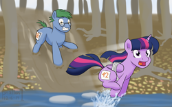 Size: 1024x637 | Tagged: safe, artist:phallen1, derpibooru import, twilight sparkle, twilight sparkle (alicorn), oc, oc:software patch, alicorn, pony, bound wings, female, forest, glasses, mare, mud, newbie artist training grounds, running, running of the leaves, sliding, splash