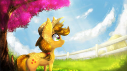 Size: 4000x2250 | Tagged: safe, artist:blackligerth, applejack, earth pony, pony, female, fence, mare, solo, straw, tree