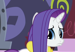 Size: 1010x698 | Tagged: safe, screencap, rarity, pony, unicorn, rarity's biggest fan, bathrobe, clothes, cute, female, frown, raribetes, robe, sad, solo, woobie