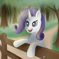 Size: 1500x1500 | Tagged: safe, artist:vladislav_180, rarity, pony, unicorn, crepuscular rays, cute, fence, forest, outdoors, path, raribetes, smiling, solo, tree