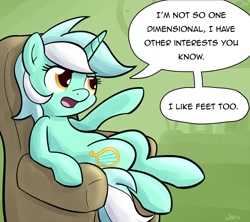Size: 1400x1244 | Tagged: safe, artist:whatsapokemon, lyra heartstrings, pony, unicorn, chair, dialogue, feet, hand, humie, sitting, solo, speech, speech bubble, that pony sure does love hands