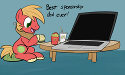 Size: 1400x840 | Tagged: safe, artist:whatsapokemon, big macintosh, earth pony, pony, big mac (burger), computer, fast food, food, laptop computer, macception, macintosh, male, mcdonald's, namesake, ponies eating meat, product placement, pun, solo, stallion, table