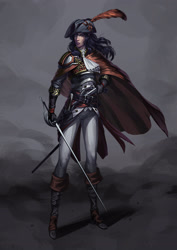 Size: 2059x2913 | Tagged: dead source, safe, artist:sunset tide, rarity, human, belt, boots, cape, clothes, elf ears, feathered hat, female, flintlock, gray background, gun, hat, humanized, pants, rapier, shoes, simple background, solo, sword, unicorns as elves, uniform, weapon, woman