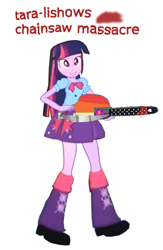 Size: 782x1202 | Tagged: safe, derpibooru import, twilight sparkle, equestria girls, chainsaw, clothes, female, multicolored hair, purple skin