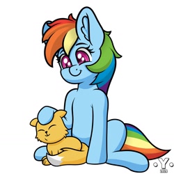 Size: 1980x1980 | Tagged: safe, artist:yelowcrom, derpibooru import, rainbow dash, cat, pegasus, pony, atg 2020, ear fluff, female, mare, newbie artist training grounds, petting, simple background, white background