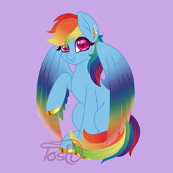 Size: 1024x1024 | Tagged: safe, artist:tosh03x, derpibooru import, rainbow dash, original species, pegasus, pony, accessories, art, art work, blue, clothes, colored, colored wings, cute, ear piercing, earring, flat colors, full body, gold, high res, jewelry, multicolored wings, piercing, purple background, rainbow, rainbow wings, simple background, solo, wings