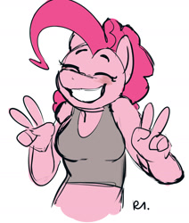 Size: 1280x1512 | Tagged: safe, artist:bluecoffeedog, pinkie pie, anthro, blushing, cute, diapinkes, grin, happy, peace sign, simple background, smiling, solo, white background