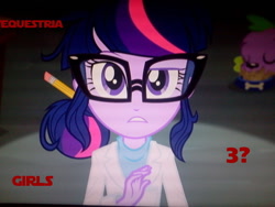 Size: 640x480 | Tagged: safe, derpibooru import, sci-twi, spike, spike the regular dog, twilight sparkle, dog, equestria girls, rainbow rocks, clothes, female, food bowl, foreshadowing, glasses, lab coat, male, pencil