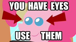 Size: 1000x562 | Tagged: safe, pinkie pie, earth pony, pony, eye, eyes, reaction image, solo, what i learned today