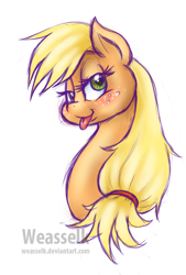 Size: 674x1000 | Tagged: safe, artist:weasselk, applejack, earth pony, pony, bedroom eyes, eyelashes, freckles, hatless, looking at you, missing accessory, solo, tongue out