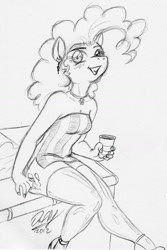 Size: 906x1355 | Tagged: safe, artist:baikobits, artist:cskairi, pinkie pie, anthro, cup, pencil drawing, sitting, sketch, solo, traditional art
