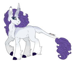 Size: 3659x3057 | Tagged: safe, artist:akumajdragon, rarity, classical unicorn, pony, unicorn, cloven hooves, curved horn, female, headcanon, horn, leonine tail, lip piercing, missing cutie mark, piercing, redesign, simple background, smiling, solo, transparent background, unshorn fetlocks