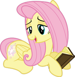 Size: 6400x6606 | Tagged: safe, artist:parclytaxel, fluttershy, pegasus, pony, the hooffields and mccolts, .svg available, absurd resolution, book, booty call, female, glowing cutie mark, mare, nonchalant, prone, simple background, smiling, solo, transparent background, vector