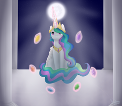 Size: 2300x2000 | Tagged: safe, artist:keisaa, princess celestia, alicorn, pony, crown, crying, elements of harmony, female, jewelry, mare, moon, necklace, regalia, sad, solo