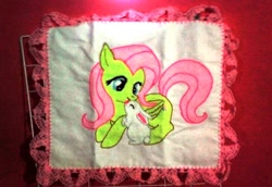 Size: 990x682 | Tagged: safe, artist:zeoradamantis, fluttershy, pegasus, pony, rabbit, craft, cute, daaaaaaaaaaaw, embroidery, photo, shyabetes, traditional art