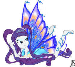 Size: 2865x2555 | Tagged: safe, artist:sparkling-sunset-s08, rarity, equestria girls, the other side, barefoot, barely eqg related, clothes, crossover, crown, enchantix, fairy, fairy dust, fairy wings, feet, gloves, humanized, jewelry, long gloves, long hair, pigtails, rainbow s.r.l, regalia, stella (winx club), winged humanization, wings, winx club