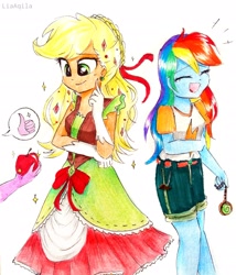 Size: 2322x2707 | Tagged: safe, artist:liaaqila, derpibooru import, applejack, rainbow dash, equestria girls, alternate hairstyle, apple, clothes, commission, crying, dress, eyes closed, food, hypnosis, hypnotized, laughing, open mouth, pendulum, tears of laughter, teary eyes