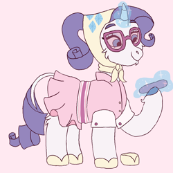 Size: 1000x1000 | Tagged: safe, artist:sodaaz, rarity, classical unicorn, pony, unicorn, sleepless in ponyville, alternate hairstyle, bonnet, cheek fluff, chin fluff, clothes, cloven hooves, curved horn, cute, dress, eyebrows, eyelashes, female, glasses, glowing horn, headscarf, hoof fluff, horn, leg fluff, leonine tail, levitation, magic, mare, nail file, no catchlights, outfit catalog, pink background, ponytail, raised hoof, raribetes, scarf, shoes, simple background, smiling, solo, telekinesis, unshorn fetlocks, white background