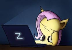 Size: 407x284 | Tagged: safe, artist:neitronik, fluttershy, bat pony, pony, computer, flutterbat, race swap, sleeping, solo, z