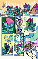 Size: 6600x10200 | Tagged: safe, artist:lytlethelemur, princess celestia, oc, oc:gimbal lock, alicorn, pegasus, pony, comic:fly with me, absurd resolution, adventure, binge eating, cake, comfort eating, comic, cookie, cupcake, eating, food, littlepartycomics, messy eating, pastry, wildabeast