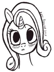 Size: 590x792 | Tagged: safe, artist:aeropegasus, rarity, pony, unicorn, black and white, blushing, female, grayscale, looking at you, monochrome, signature, simple background, solo, surprised, traditional art, white background, wide eyes