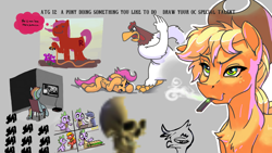 Size: 1920x1080 | Tagged: safe, artist:ponyhell, derpibooru import, applejack, big macintosh, rainbow dash, scootaloo, spike, oc, dragon, earth pony, griffon, pegasus, pony, abuse, atg 2020, chair, child abuse, clerks, foghorn leghorn, food, iwtcird, loss (meme), meme, newbie artist training grounds, scootabuse, skull, sub sandwich, subway, television, vape, watering