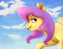 Size: 1270x994 | Tagged: safe, artist:drawerproyeah, fluttershy, pegasus, pony, bust, cloud, looking at you, looking back, sky, smiling, solo