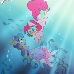 Size: 4800x4800 | Tagged: safe, artist:fluffyxai, pinkie pie, oc, earth pony, fish, merpony, octopus, pony, :>, :t, absurd resolution, bubble, chest fluff, crepuscular rays, diving, floppy ears, fluffy, goggles, jewelry, looking at each other, necklace, patreon, patreon logo, pearl, scuba, scuba gear, smiling, swimming, swimming goggles, underhoof, underwater